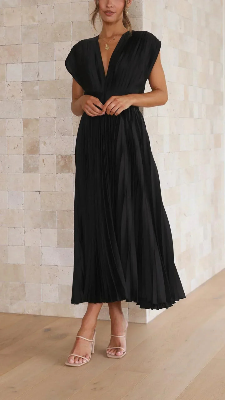 Vestido moderno com decote em V e fechamento de laço - Isabella