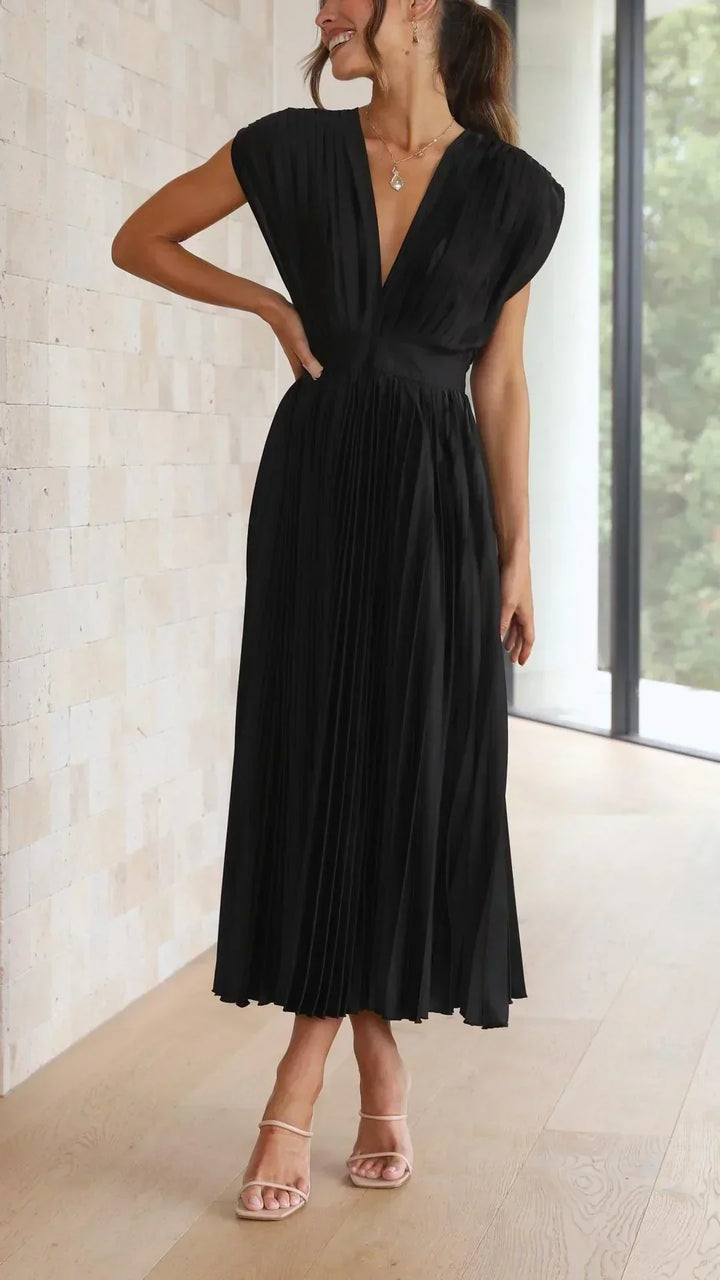 Vestido moderno com decote em V e fechamento de laço - Isabella
