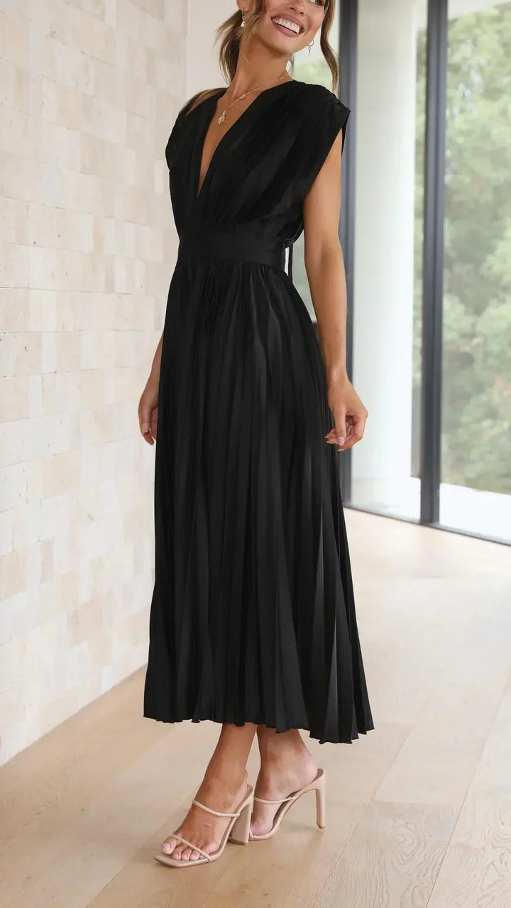 Vestido moderno com decote em V e fechamento de laço - Isabella
