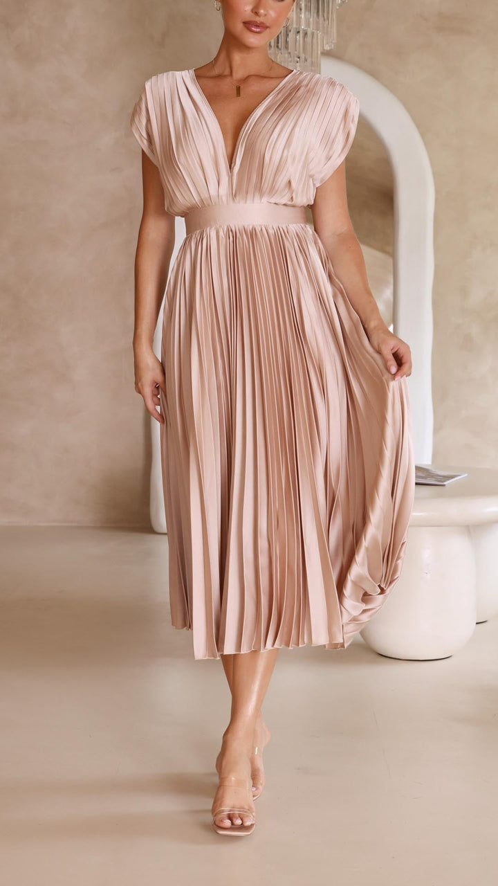 Vestido moderno com decote em V e fechamento de laço - Isabella