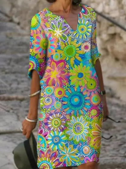 Vestido com decote em V e padrão de flores - Luna