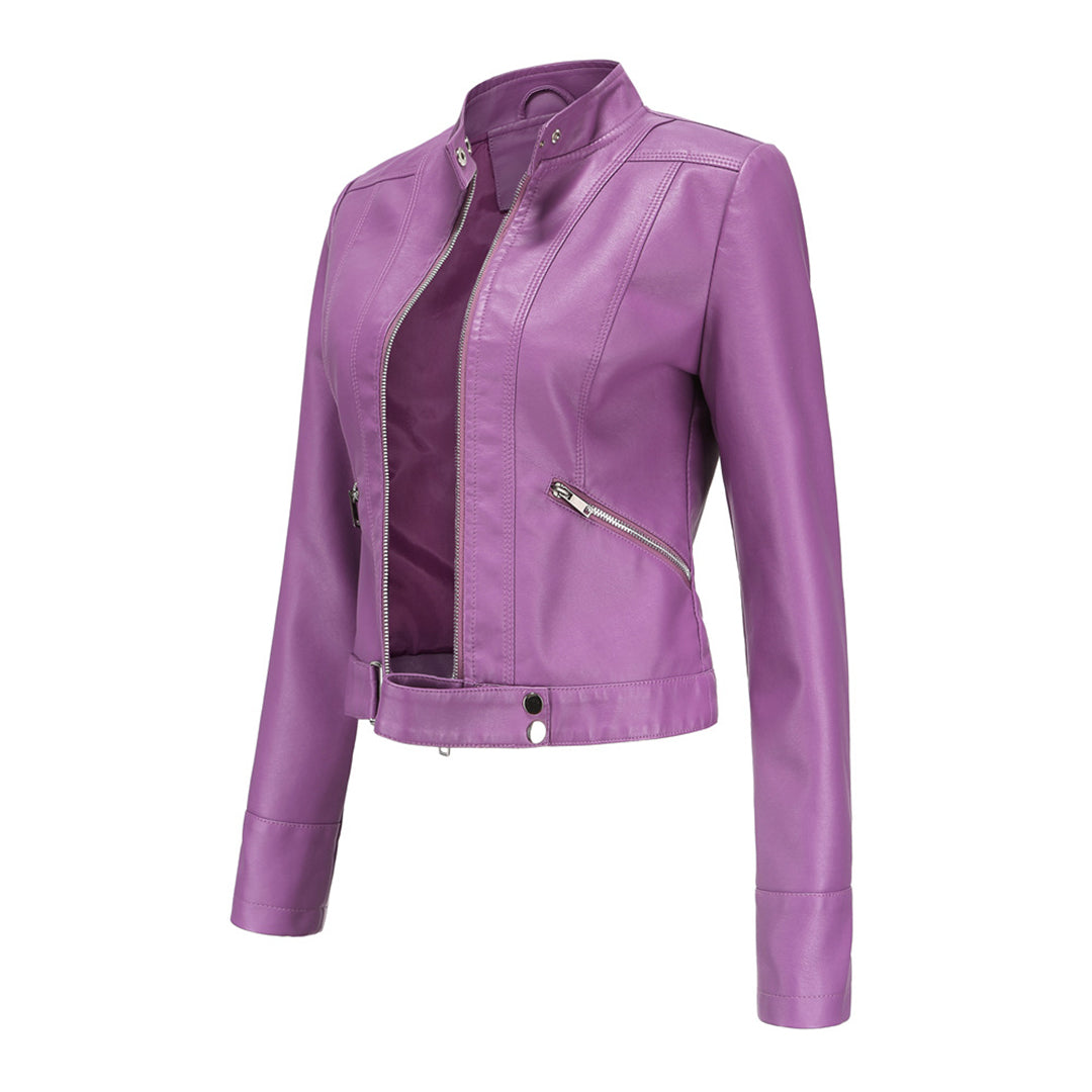 Three-quarter side view of the deep purple jacket unzipped, showing the lining and diagonal zip pocket 8