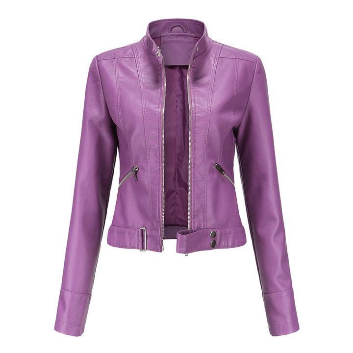 Deeper purple cropped jacket from the front, unzipped, with belted hem and slanted zip pockets 4