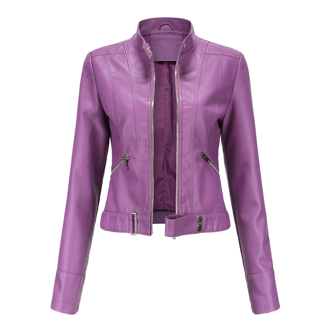 Front view of the cropped jacket in medium purple, unzipped, showing slanted zip pockets and belted hem 4