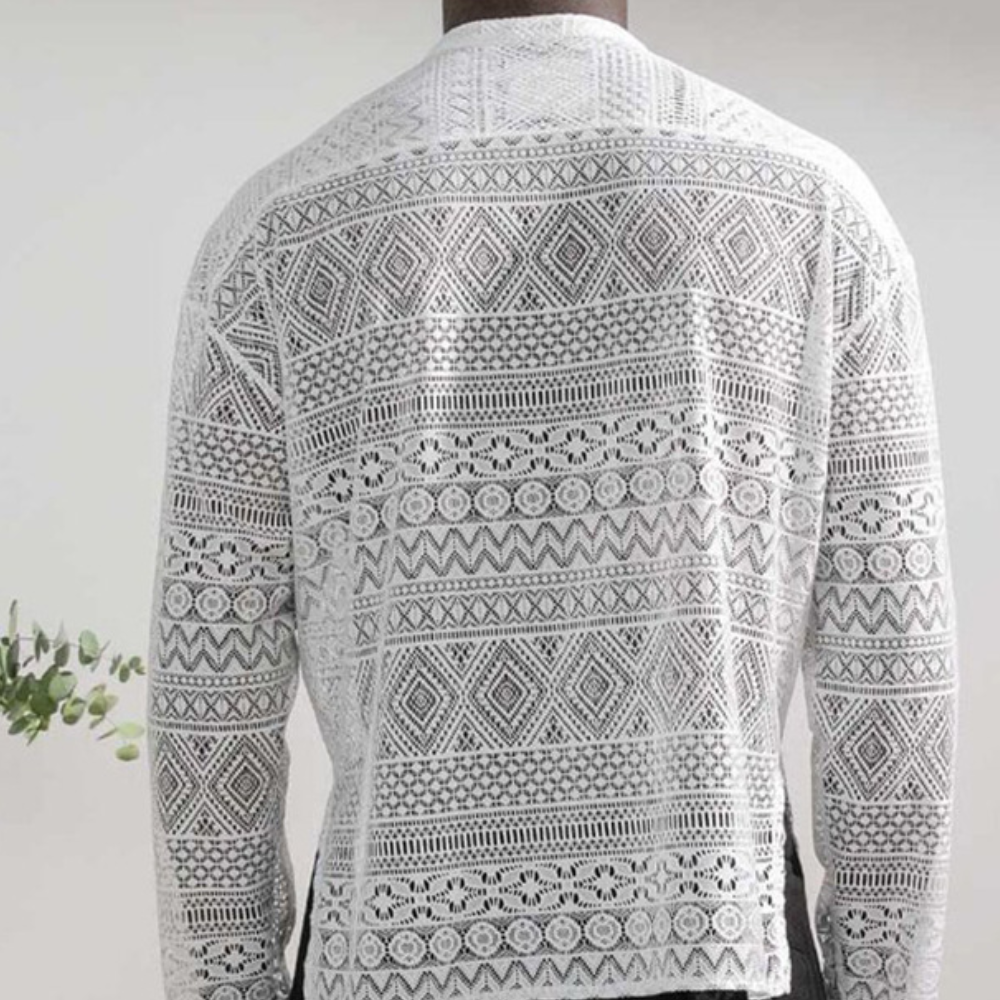 Häkelpullover Herren, weiß, geometrisches Muster, modisch, atmungsaktiv, Freizeitkleidung.