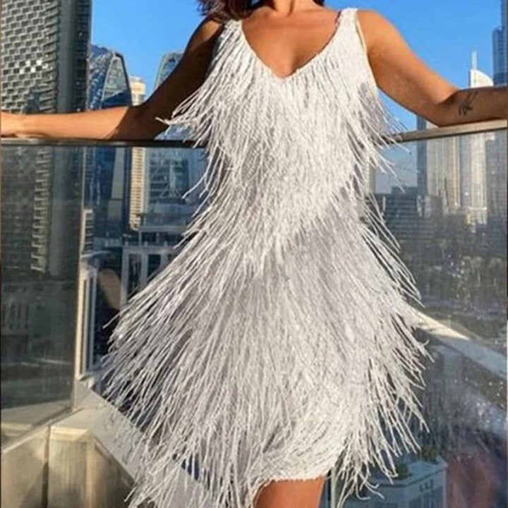 Vestido mini estiloso com franjas - Celeste