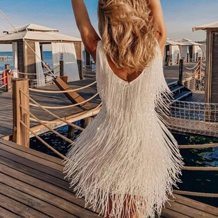 Vestido mini estiloso com franjas - Celeste