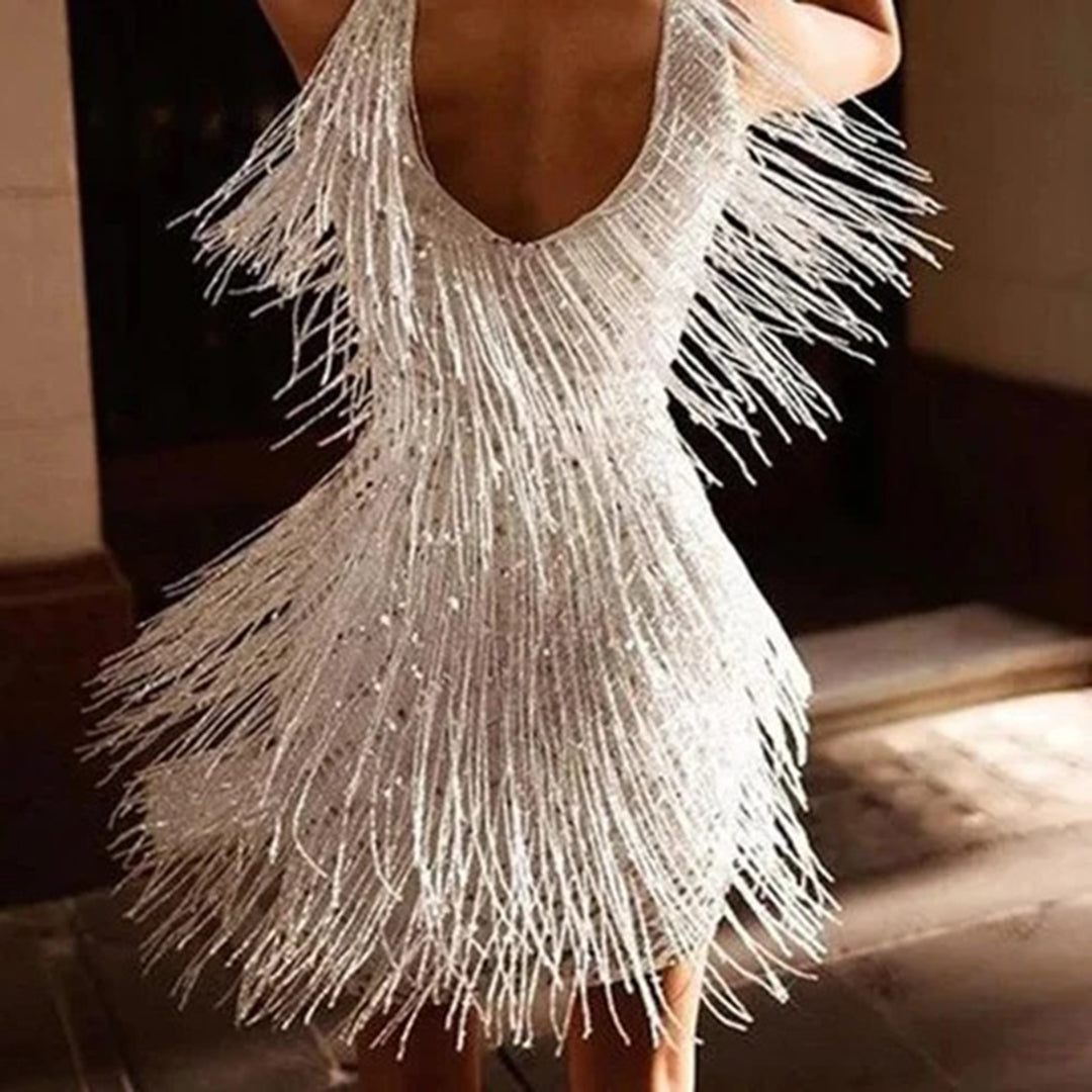 Vestido mini estiloso com franjas - Celeste