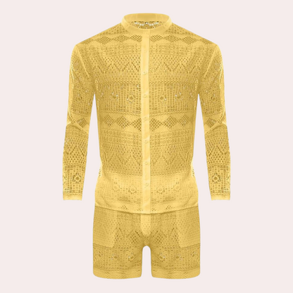 Gelbes Häkel-Set, langärmeliges Hemd und Shorts, modisch, Sommerkleidung, Unisex.