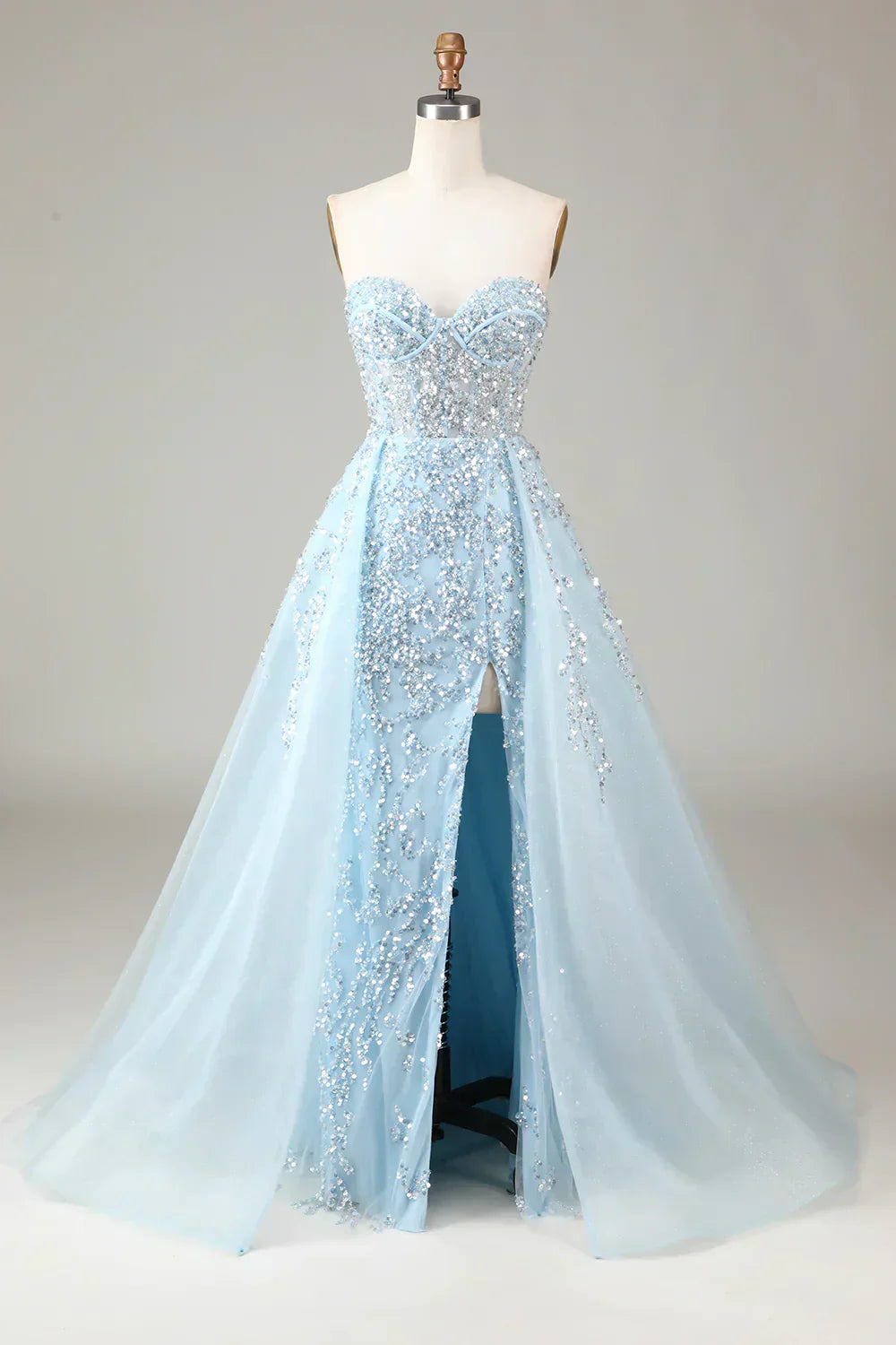 Vestido de baile em A com corpete azul claro cintilante e fenda - Sophia