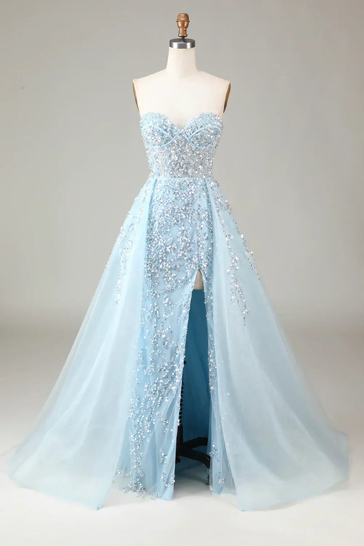 Vestido de baile em A com corpete azul claro cintilante e fenda - Sophia
