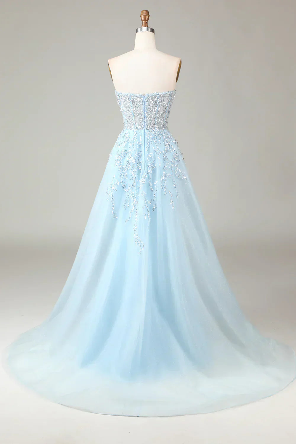 Vestido de baile em A com corpete azul claro cintilante e fenda - Sophia