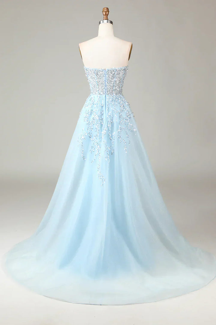 Vestido de baile em A com corpete azul claro cintilante e fenda - Sophia