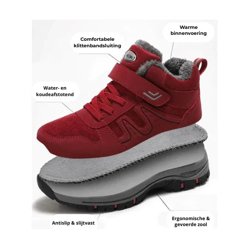 Red boot lifted above its thick sole, with callout labels pointing to the lining, strap, and tread 2