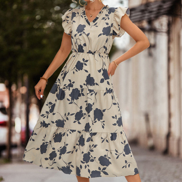 A-line Summer Dress with Puff Sleeves and Colour Accent – Thalia-Black-S-State of Style