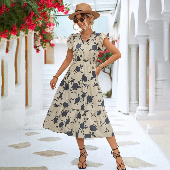 A-line Summer Dress with Puff Sleeves and Colour Accent – Thalia-White-S-State of Style