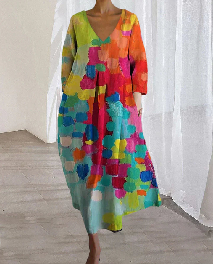 Vestido estampado colorido com decote em V - Kim