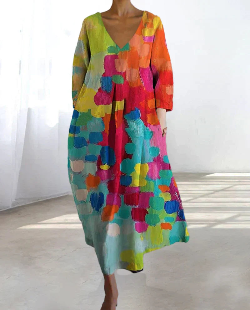 Vestido estampado colorido com decote em V - Livia