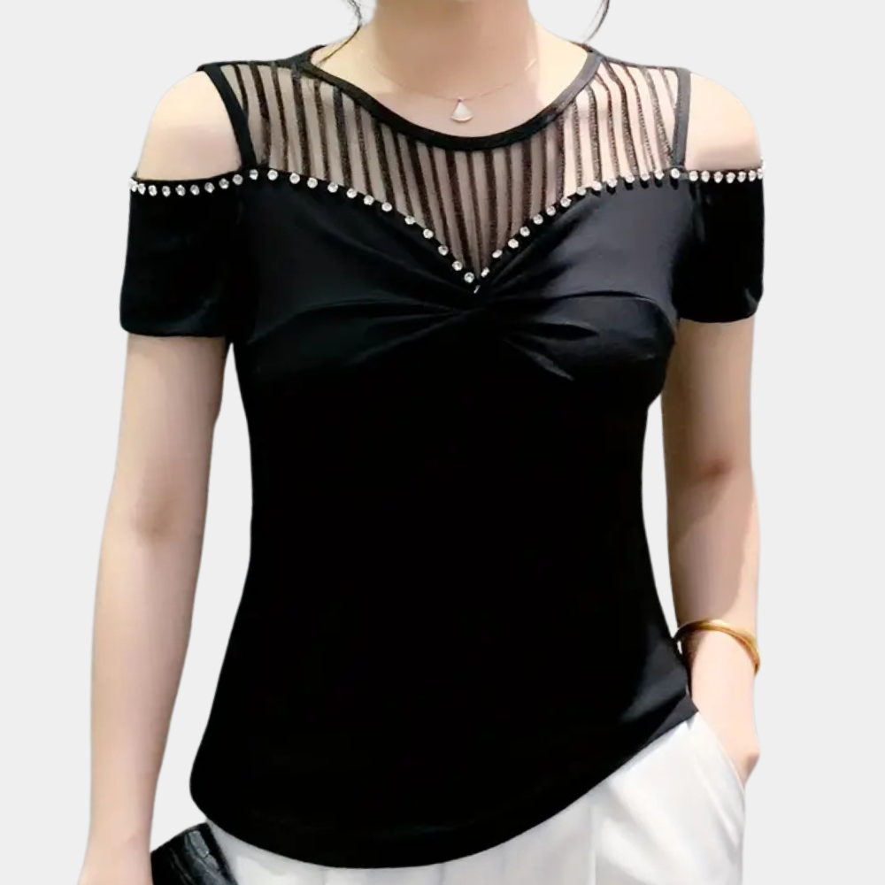 Schwarzes Damen-Oberteil mit Perlen, schulterfrei, transparentem Ausschnitt, elegant.