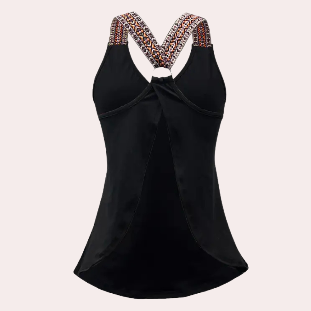 Schwarzes Damen-Top mit gemusterten Trägern, ärmellos, elegant, Freizeitmode.