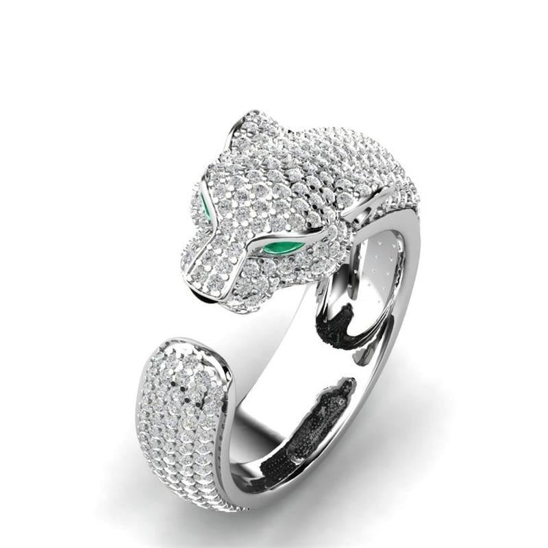 Adjustable Ring in 18K Silver and Rose Gold with Green Zirconia Eyes - Jaguar Ring™-Silver-Nora Luxe