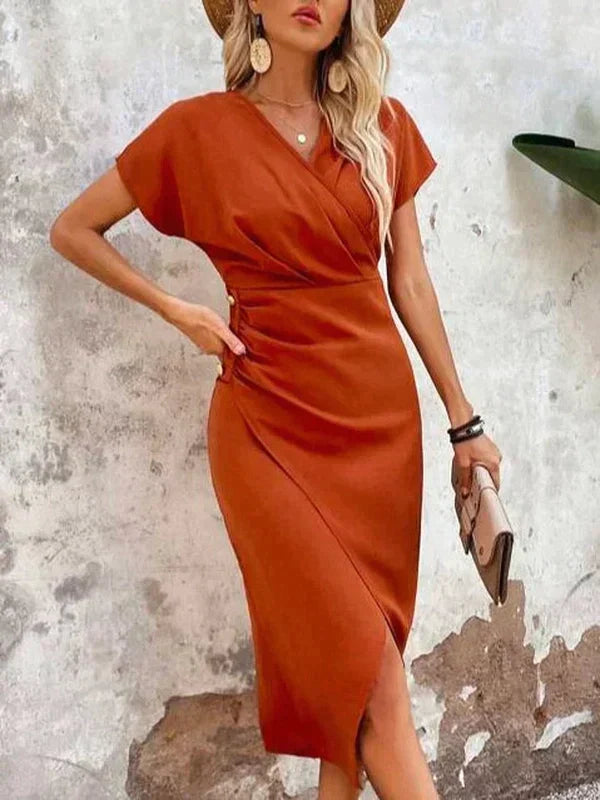 Vestido midi laranja elegante com decote em V - Ruby