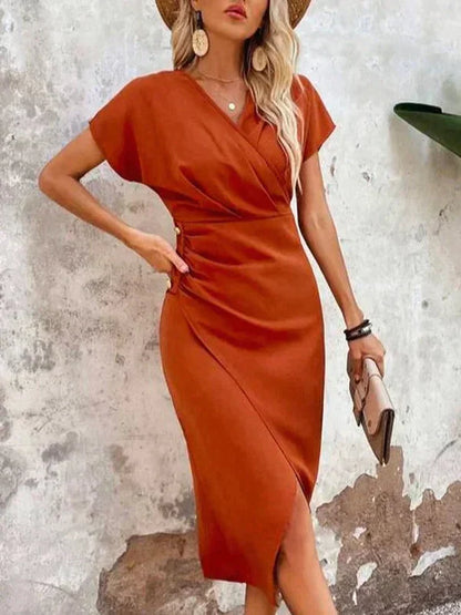 Vestido midi laranja elegante com decote em V - Ruby