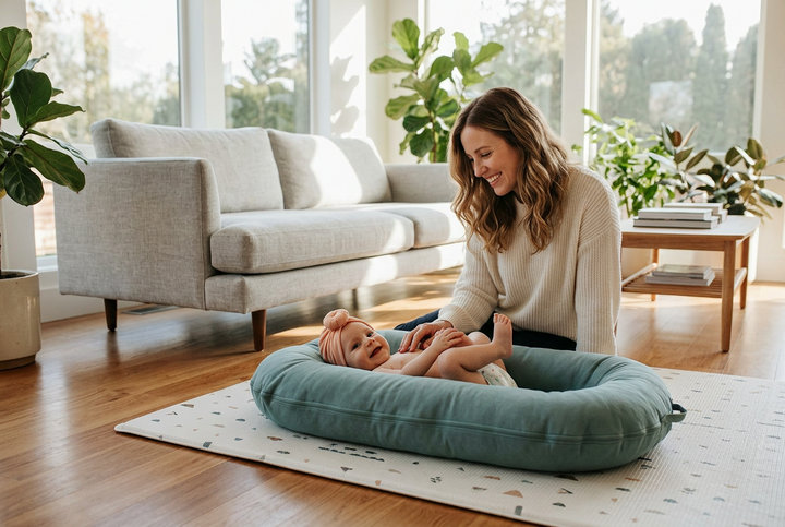 Smiling mother kneels beside a baby lying in a teal lounger on a play mat 1