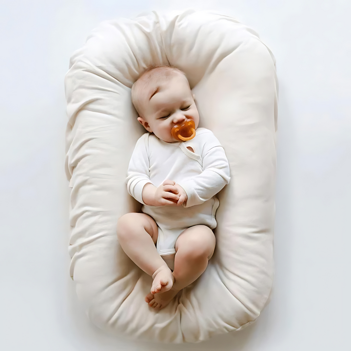 Sleeping baby with an orange pacifier rests in a cream nest cushion on a white background 6