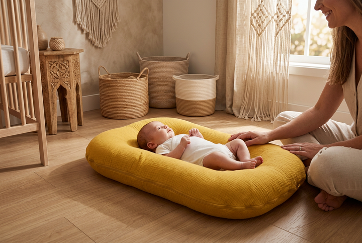Baby lies in a mustard yellow muslin lounger on a nursery floor beside a smiling parent 1