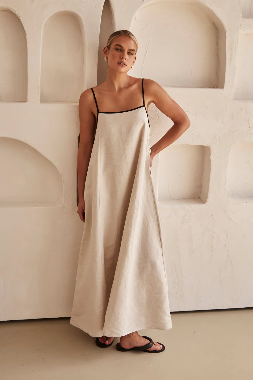 Beige Summer Dress with Feminine Silhouette – Isara-S-State of Style