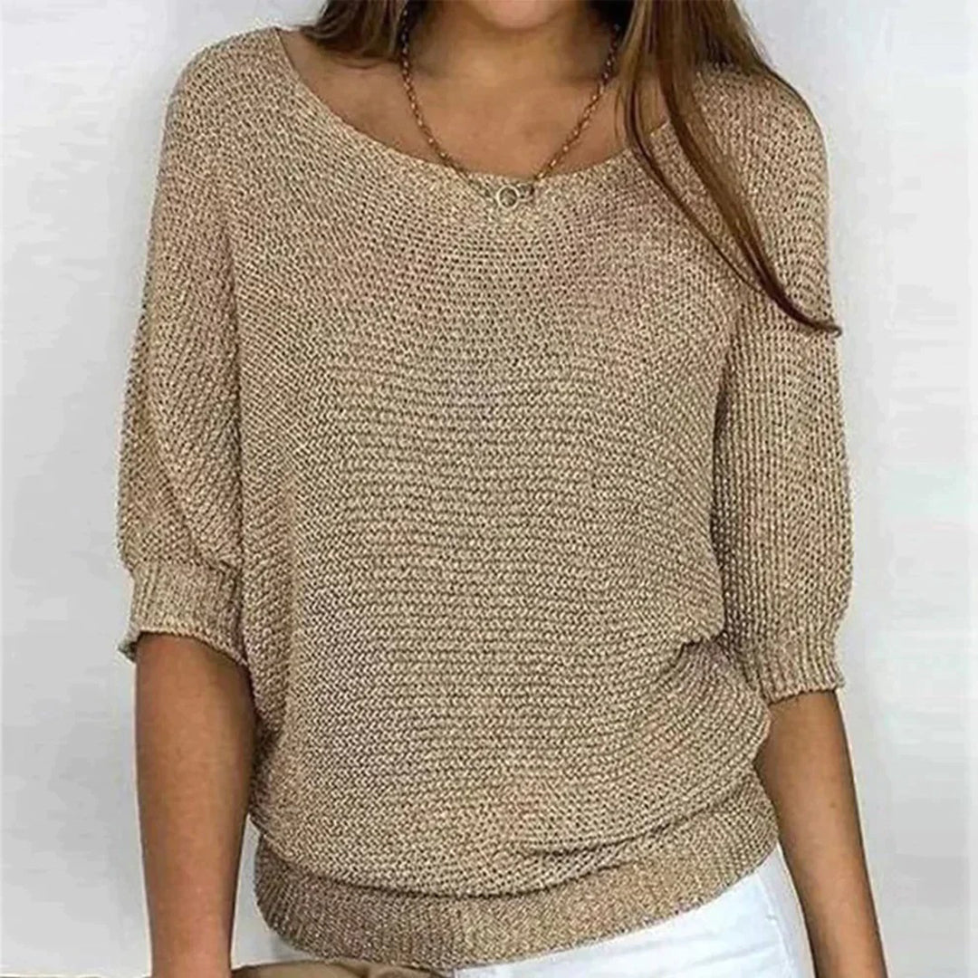 Beiger Strickpullover Damen, lässig, 3/4-Ärmel, Rundhalsausschnitt, modisch, bequem.