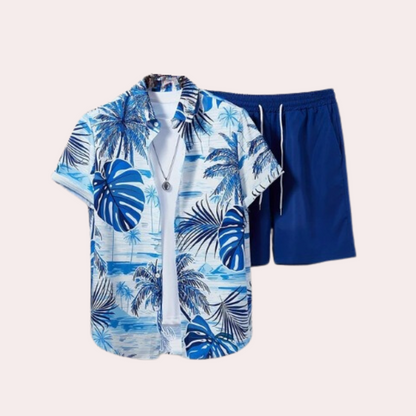 Herren Sommer Set, blau-weiß, tropisches Muster, Kurzarmhemd und Shorts, Freizeitmode.
