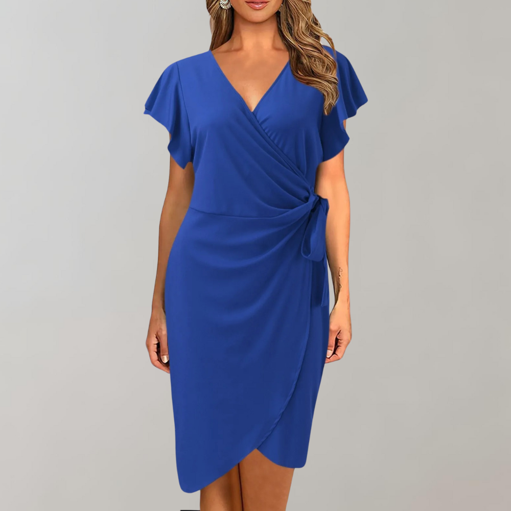 Damen Sommerkleid Blau, Wickeloptik, Kurzarm, V-Ausschnitt, Elegante Mode, Freizeitkleidung