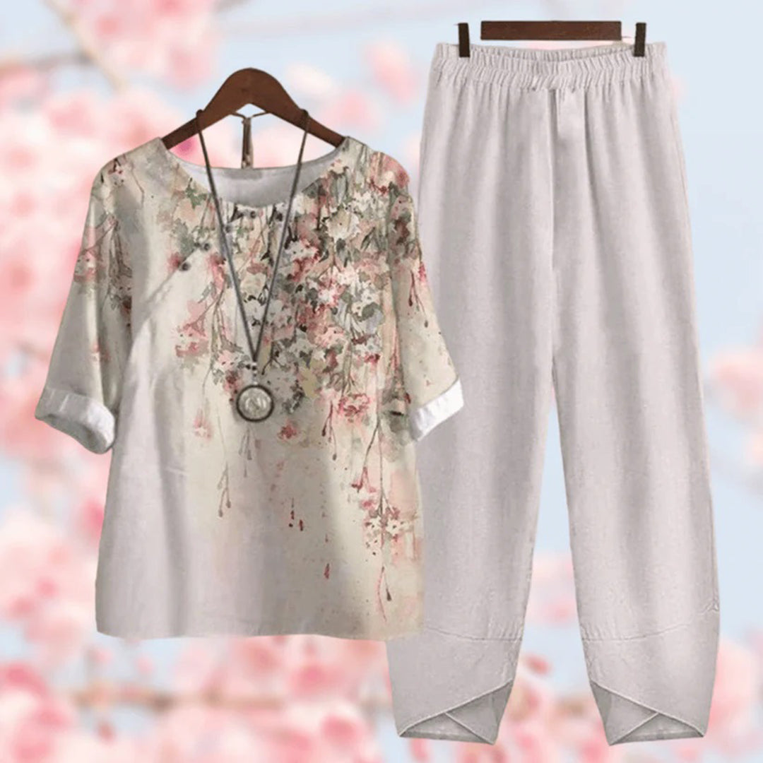 Elegantes Damen-Set, florales Oberteil, weiße Hose, lässig, bequem, Frühling/Sommermode.
