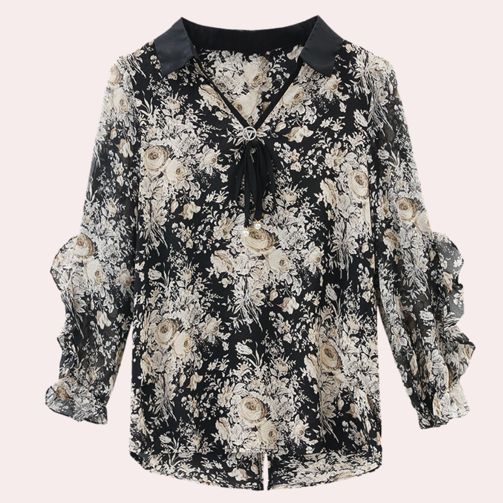 Schwarze Damenbluse mit Blumenmuster, V-Ausschnitt und langen Ärmeln, elegant und modisch.
