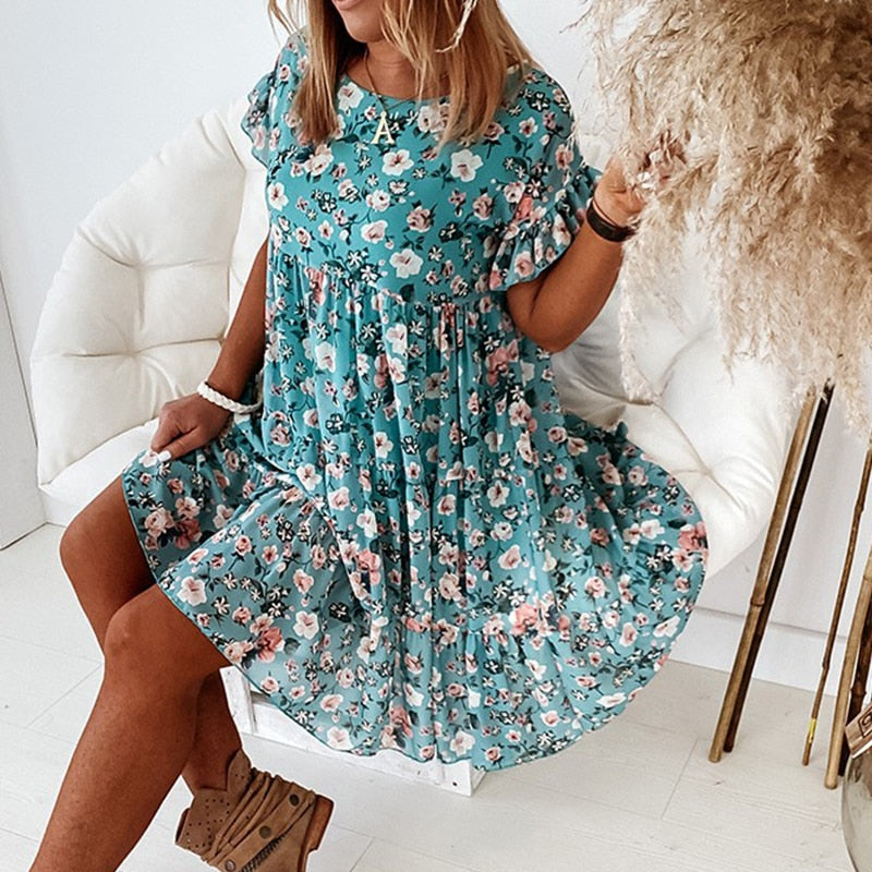 Boho floral dress with ruffles and fitted waist – Calista-Beige-S-Nora Luxe