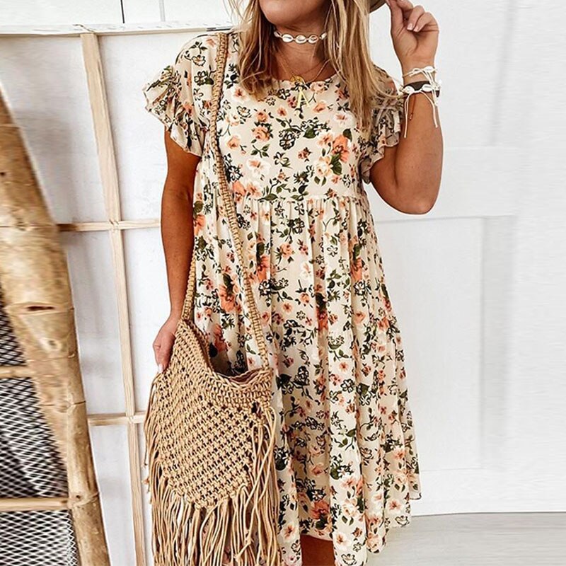 Boho floral dress with ruffles and fitted waist – Calista-Beige-S-Nora Luxe