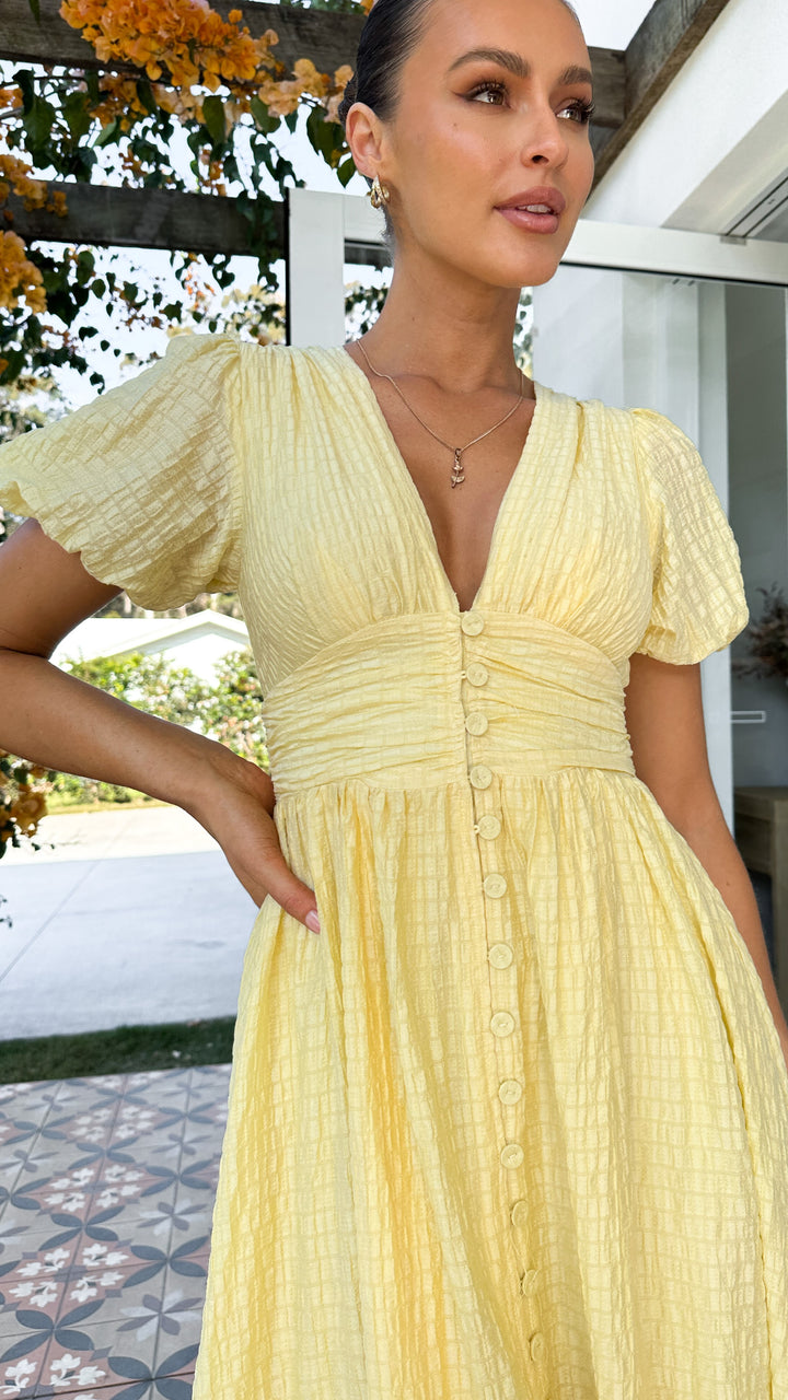 Boho maxi dress with V-neck and button placket – Yara-Blue-S-Nora Luxe