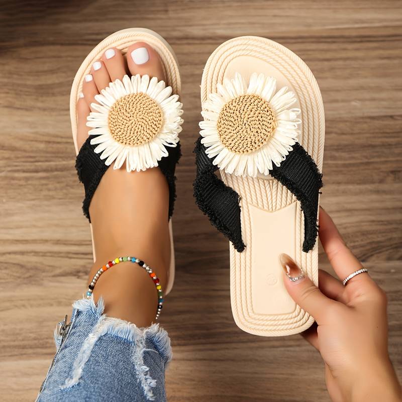 Boho Slip-On Sandals with Flower Detail – Marivi-Black-3-State of Style