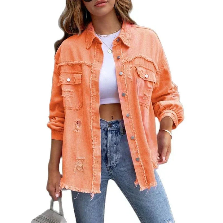 Boho women's denim jacket with Ibiza flair & slim fit for spring/summer – Yara-Orange-S-Nora Luxe