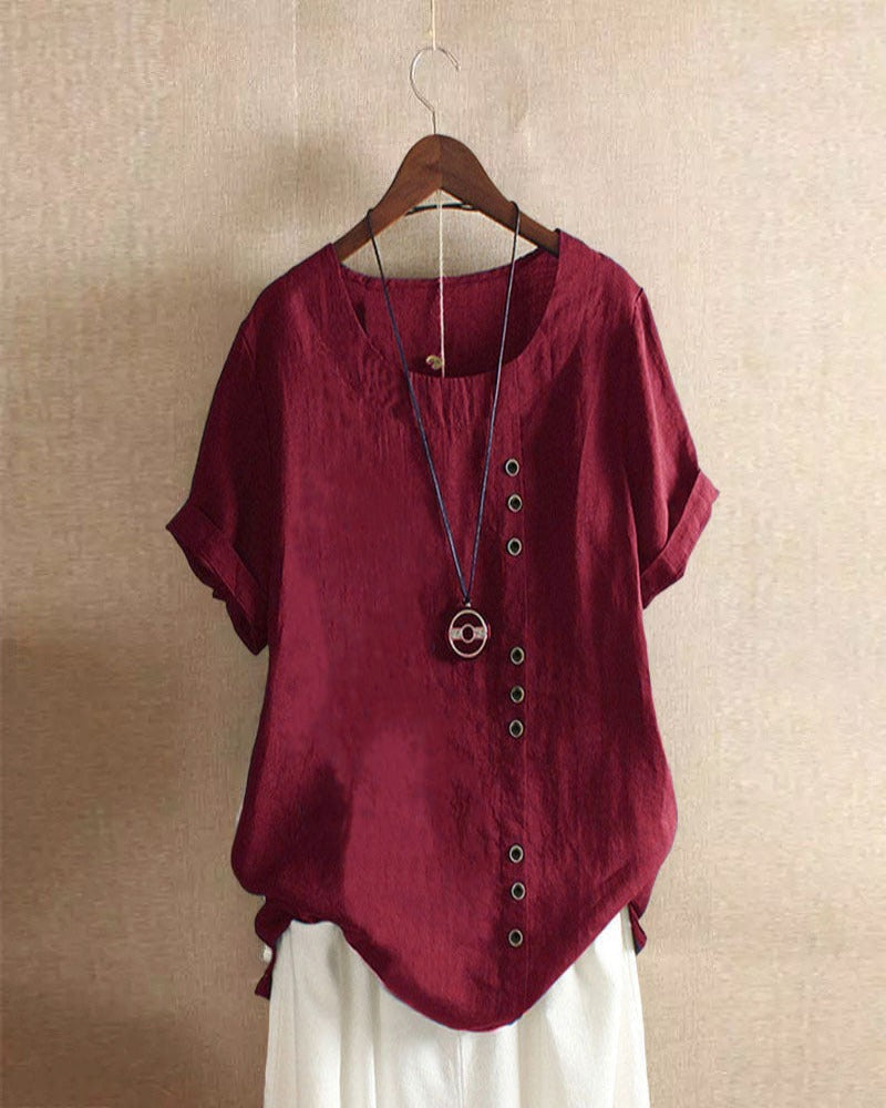 Blusa de manga curta casual com decote redondo – Nora