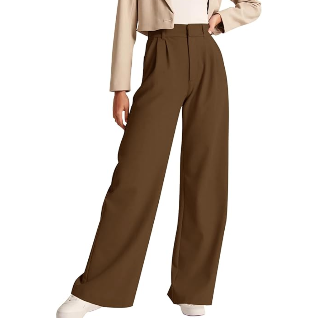 Braune Damenhose, weites Bein, elegant, aus Baumwolle, modisch, ideal für Büro oder Freizeit.