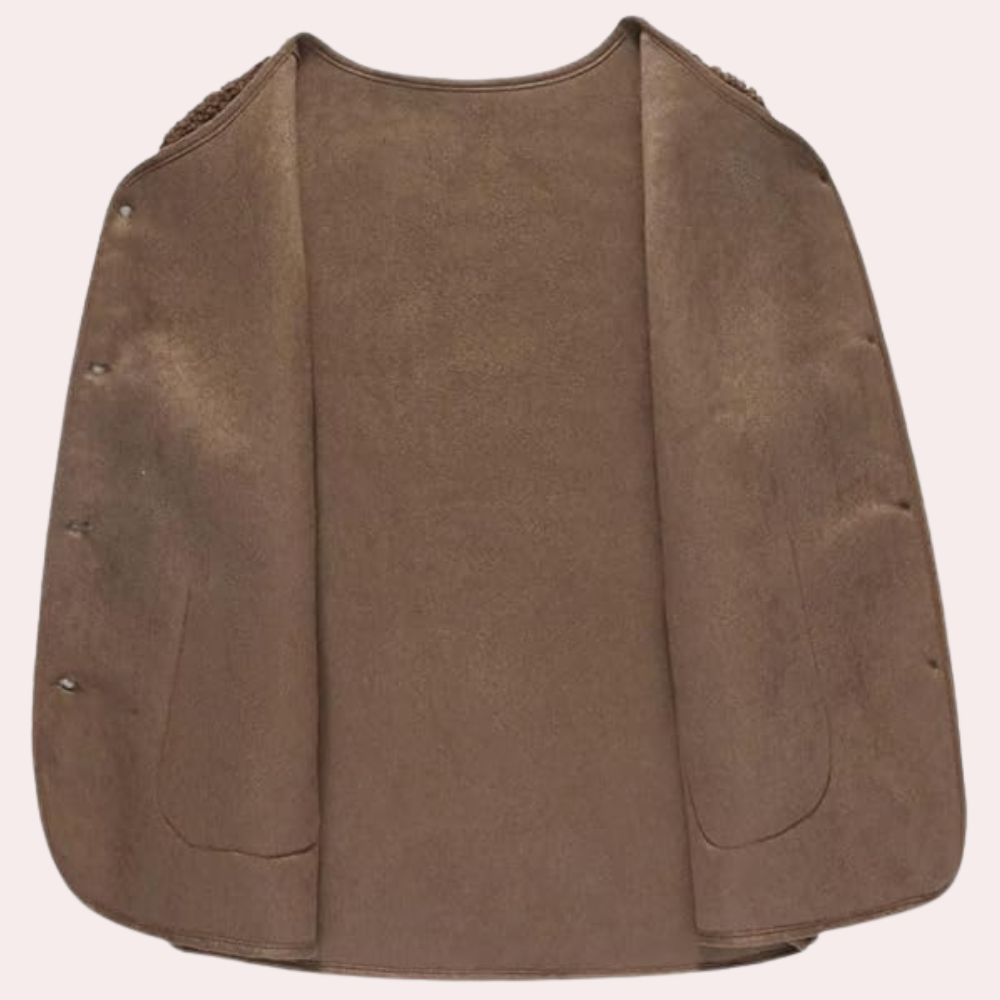 Braune Wildlederweste, ärmellos, mit Druckknöpfen, modisch, elegant, für Damen.