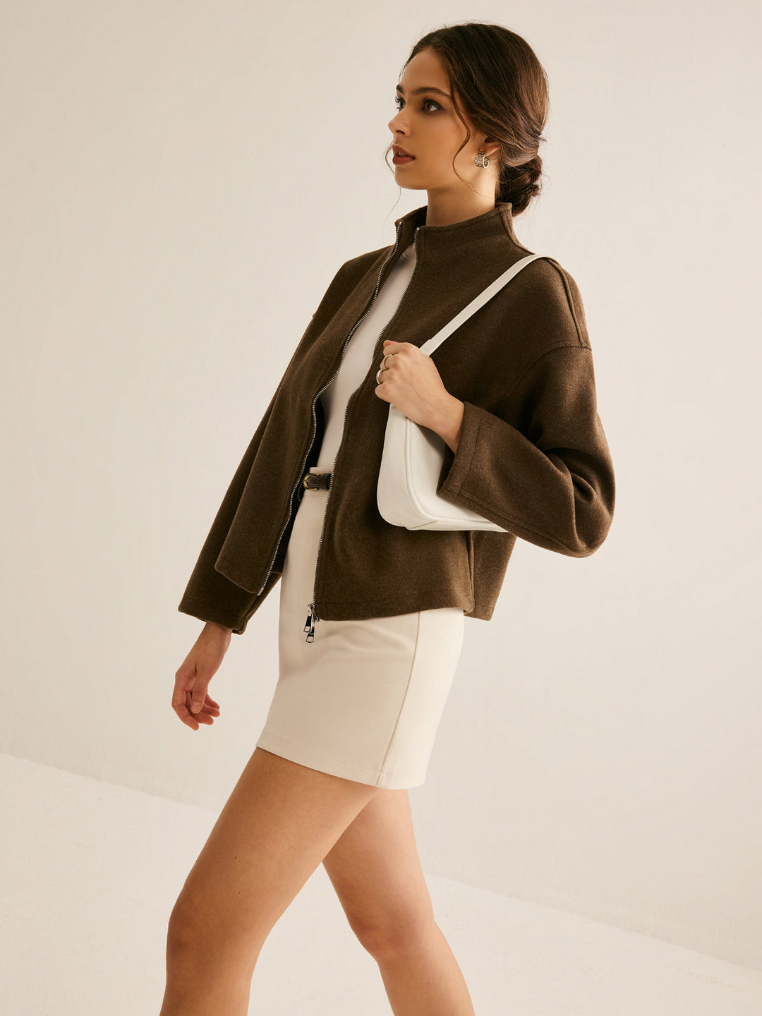 Brown Zipper Jacket for Women - Elena-XS-Nora Luxe