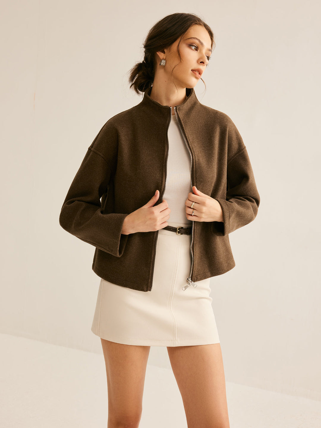 Brown Zipper Jacket for Women - Elena-XS-Nora Luxe
