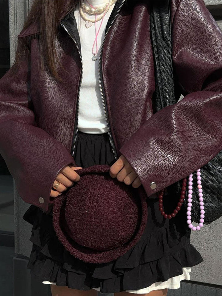Bordeaux Red Leather Ladies Jacket with Zipper – Alessia