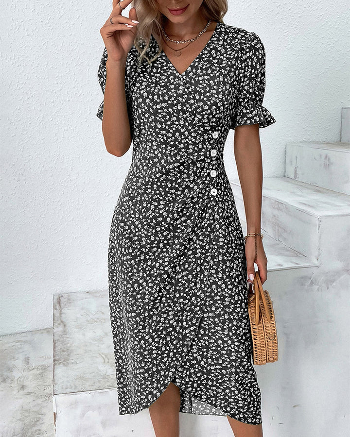 Button dress with V-neck & short sleeves – Luisa-Black-S-Nora Luxe