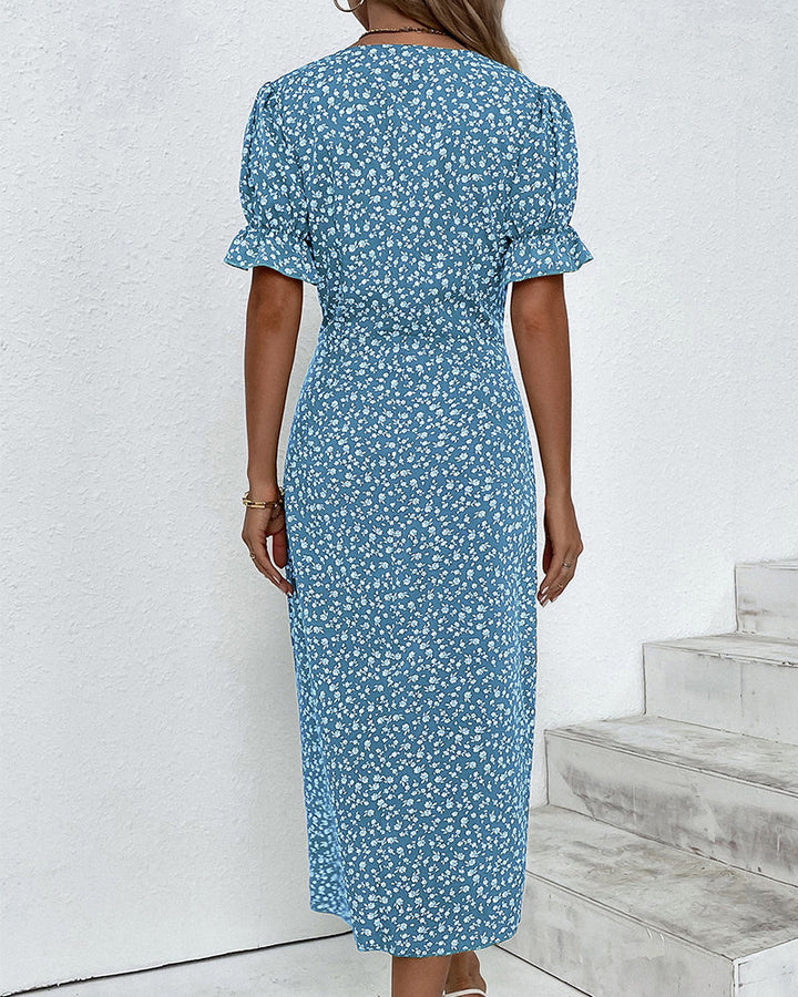 Button dress with V-neck & short sleeves – Luisa-Green-S-Nora Luxe