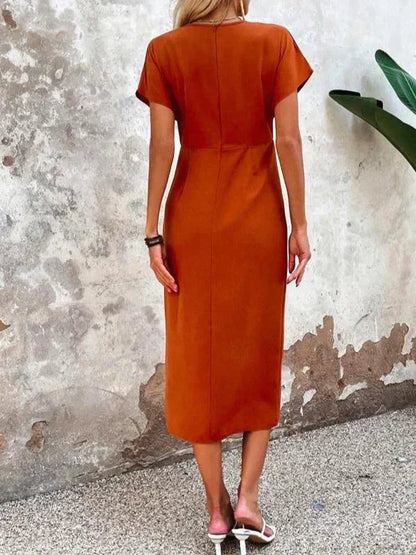 Vestido midi laranja elegante com decote em V - Ruby